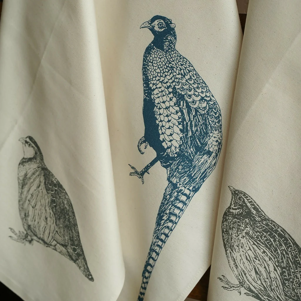 Organic Cotton Pheasant Tea Towel - Blue Print - Image 4