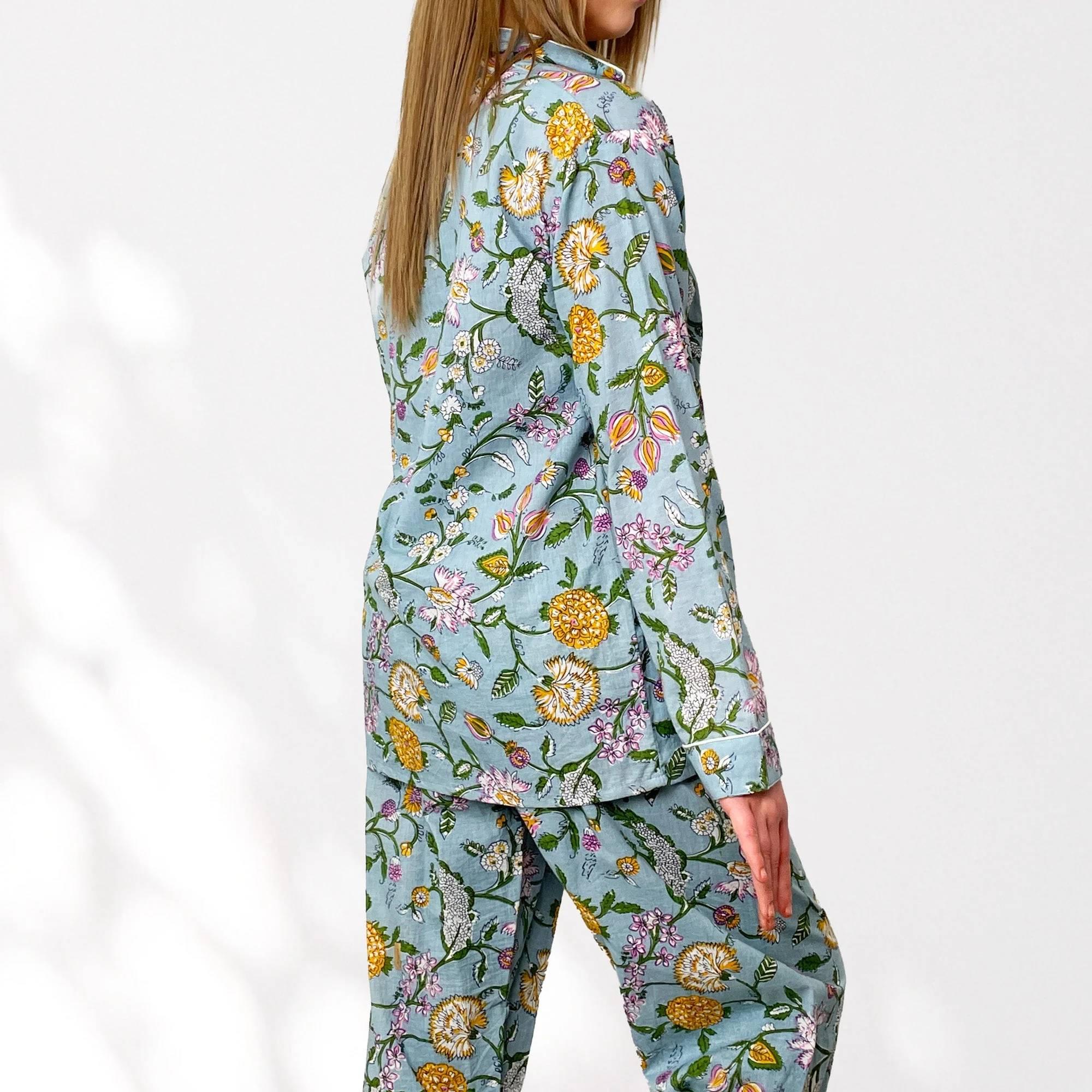 Pale Blue Block Print Floral 100% Cotton Long Pyjama Set - Image 6