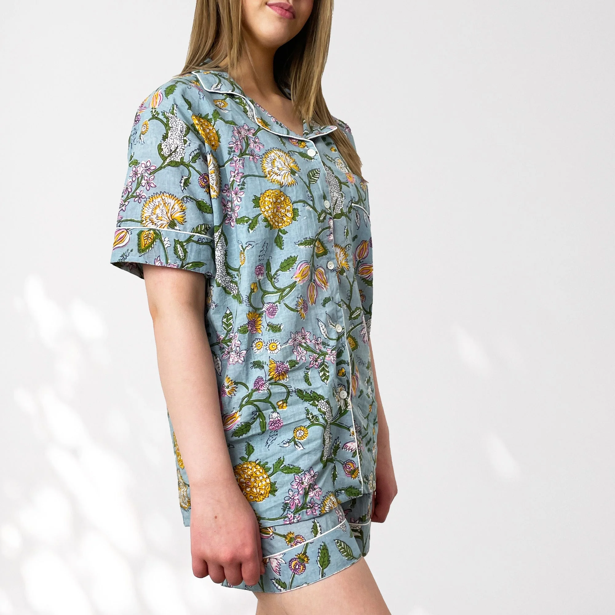 Pale Blue Block Print Floral 100% Cotton Short Pyjama Set - Image 3