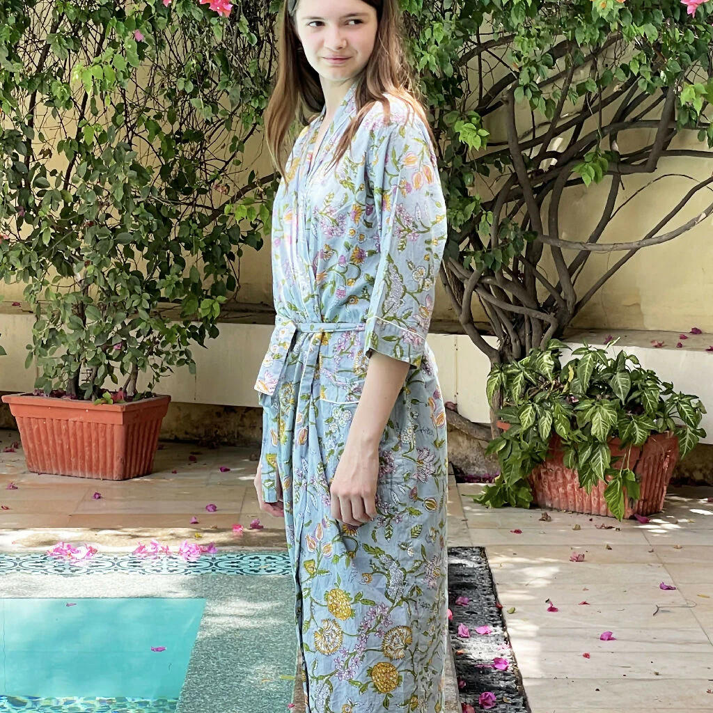 Pale Blue Floral Block Print 100% Cotton Dressing Gown - Image 4