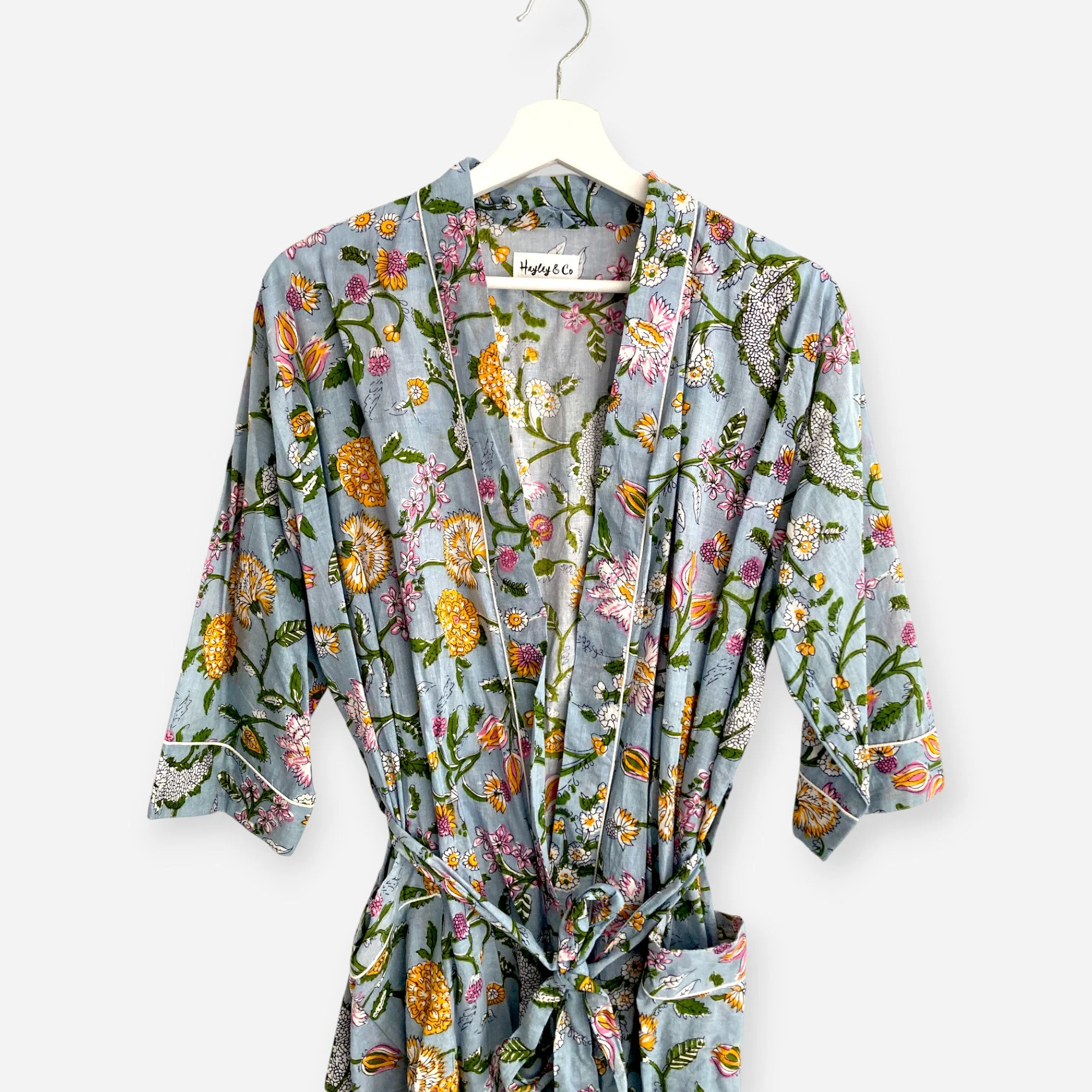 Pale Blue Floral Block Print 100% Cotton Dressing Gown - Image 5