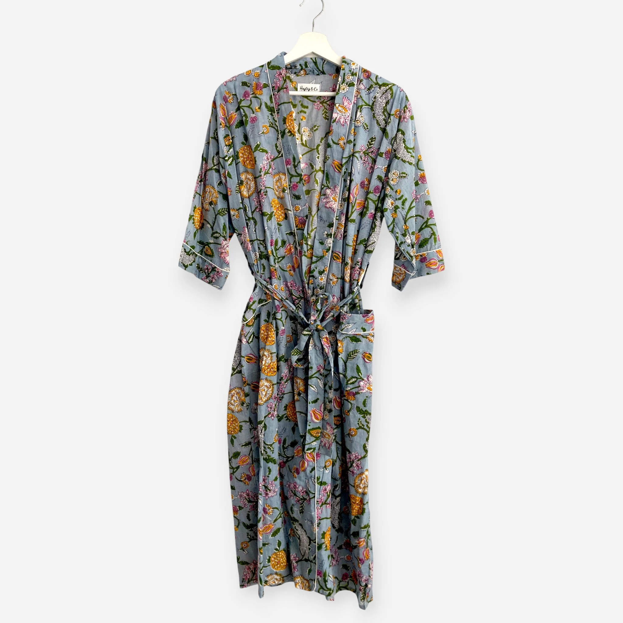 Pale Blue Floral Block Print 100% Cotton Dressing Gown - Image 6