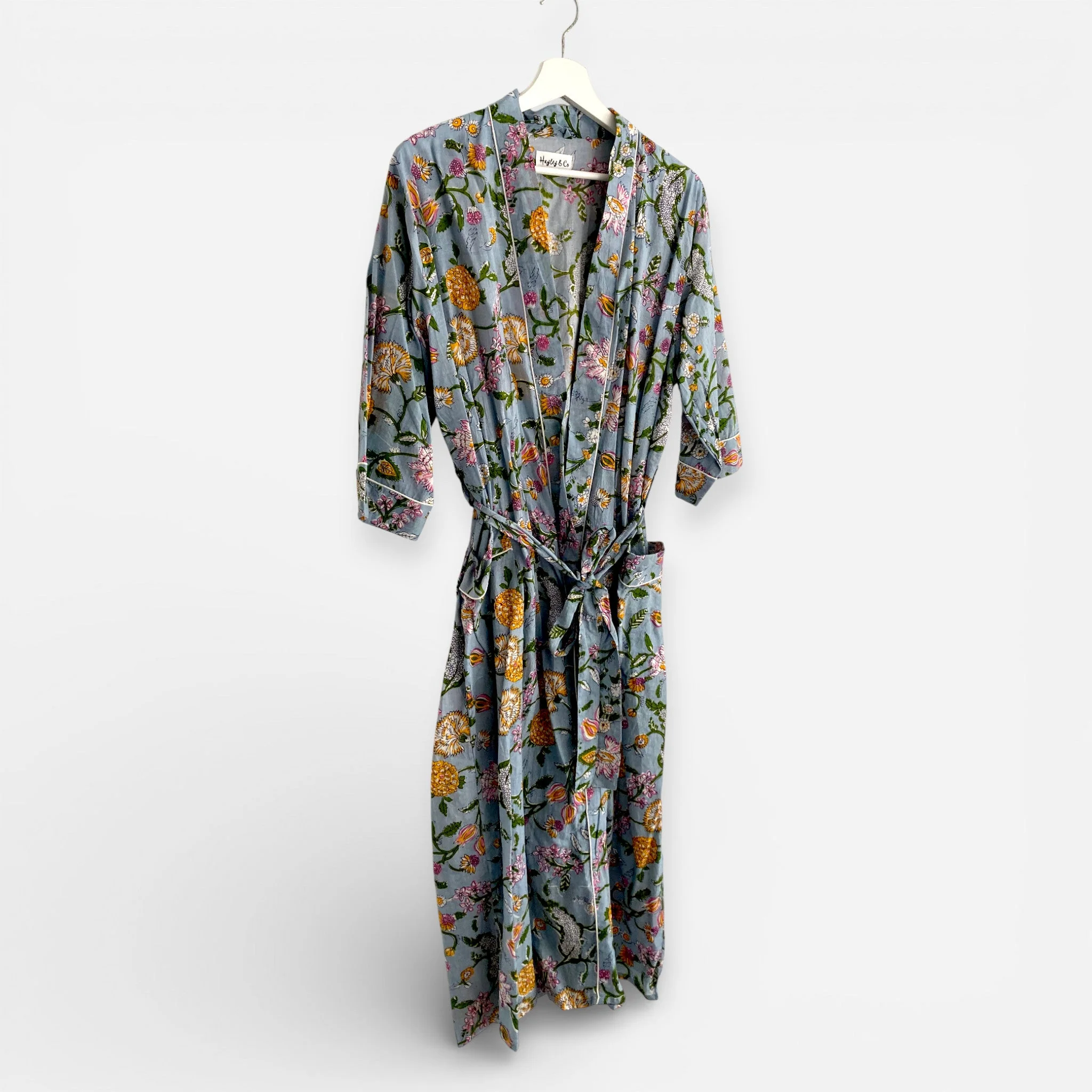 Pale Blue Floral Block Print 100% Cotton Dressing Gown - Image 7