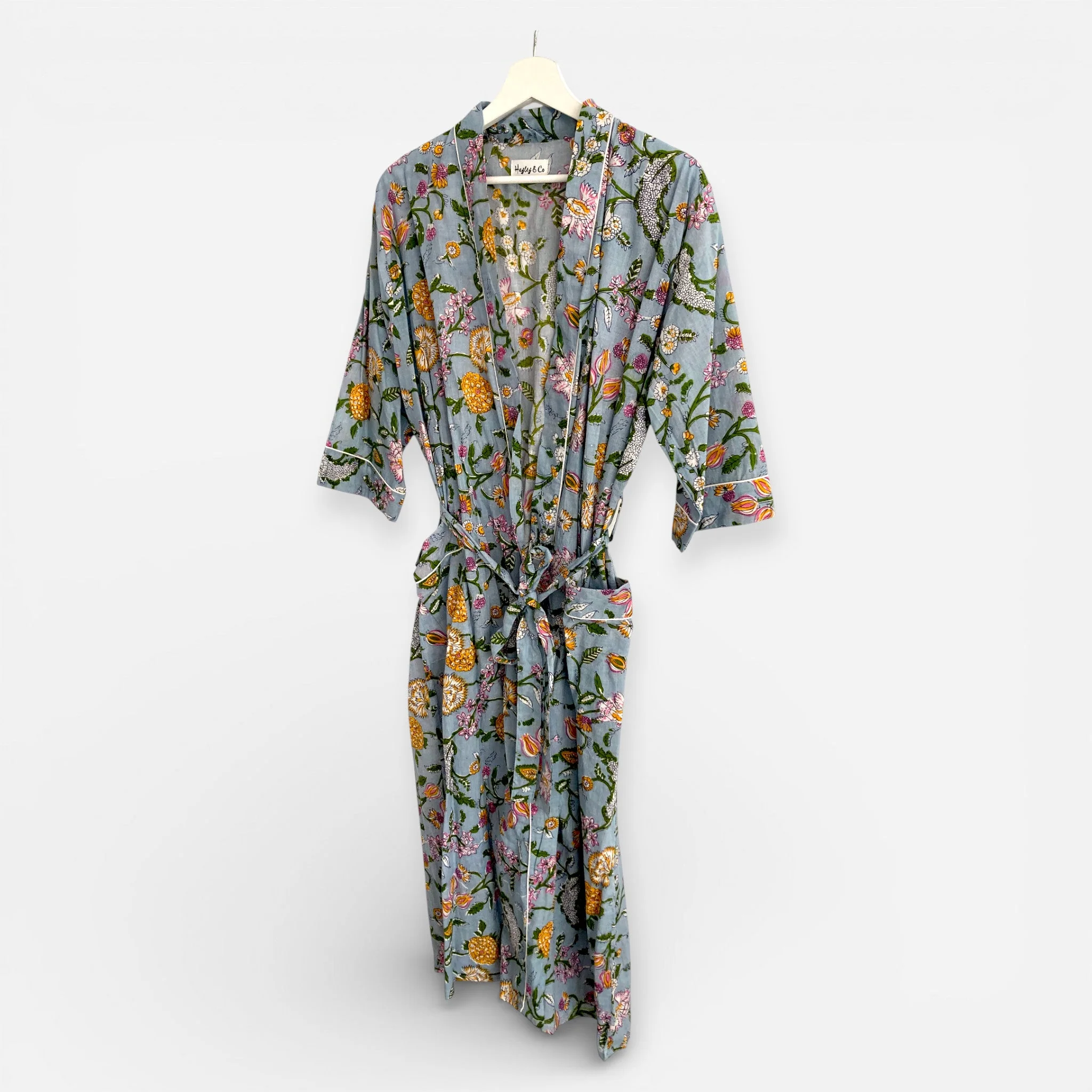 Pale Blue Floral Block Print 100% Cotton Dressing Gown - Image 8
