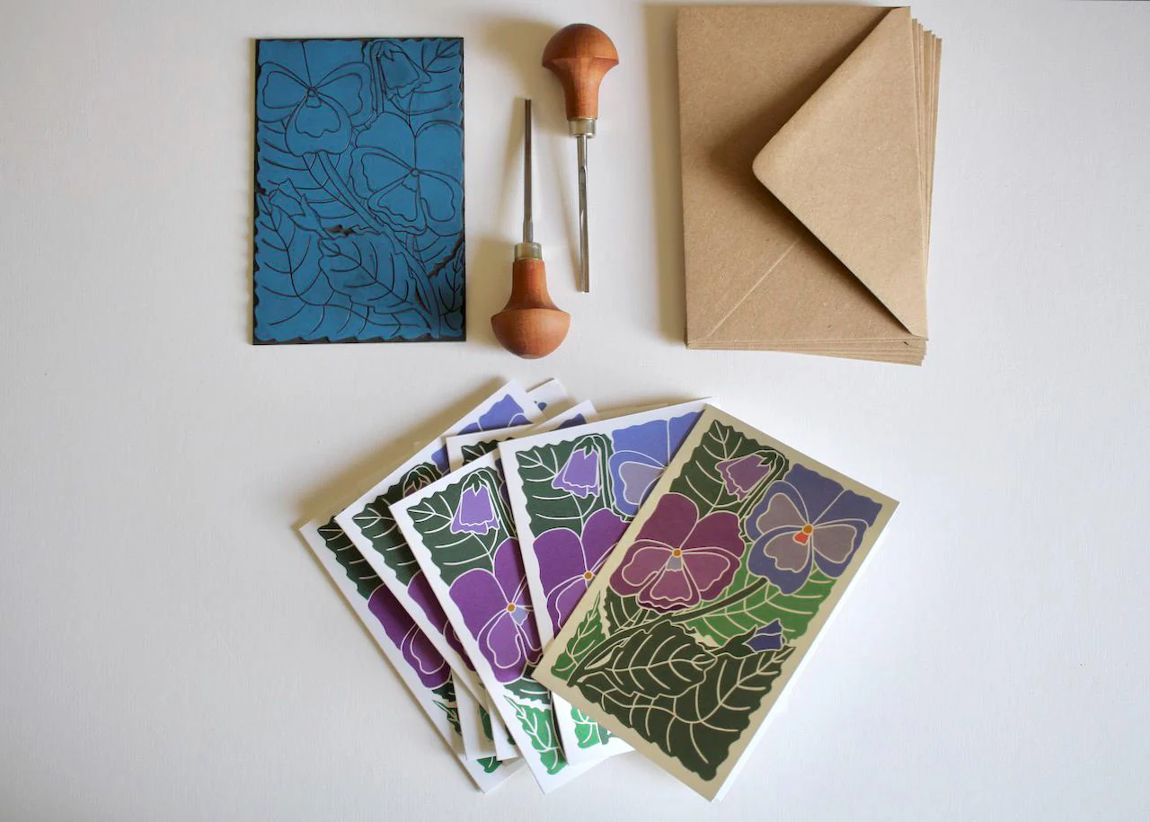 Pansy Flower Linocut Art Notecards | Set of 8 Notecards & Envelopes - Image 8