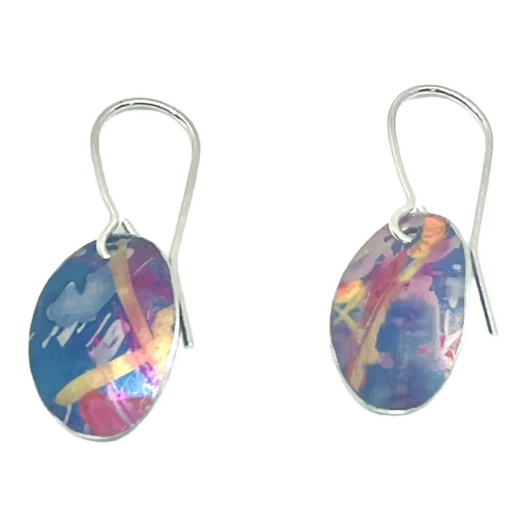 Peonies Inspired Blue and Pink Oval Aluminium Earrings - Image 3