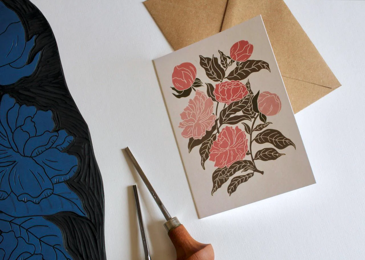 Peonies Linocut Greeting Card | Single Card & Envelope - Image 4