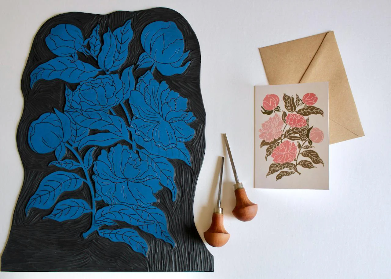 Peonies Linocut Greeting Card | Single Card & Envelope - Image 6