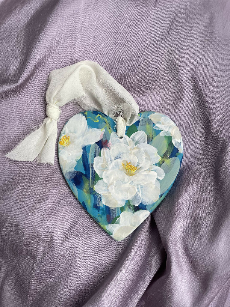 Peony Floral Hand Painted Ceramic Hanging Heart - Image 2