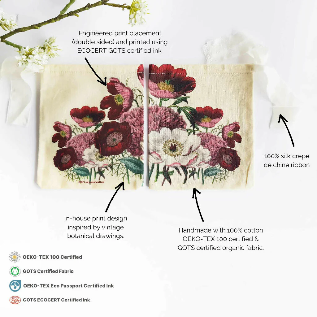 Peony Print Organic Cotton Gift Bag with Silk Tie in Pink, Cream and Red - Image 6