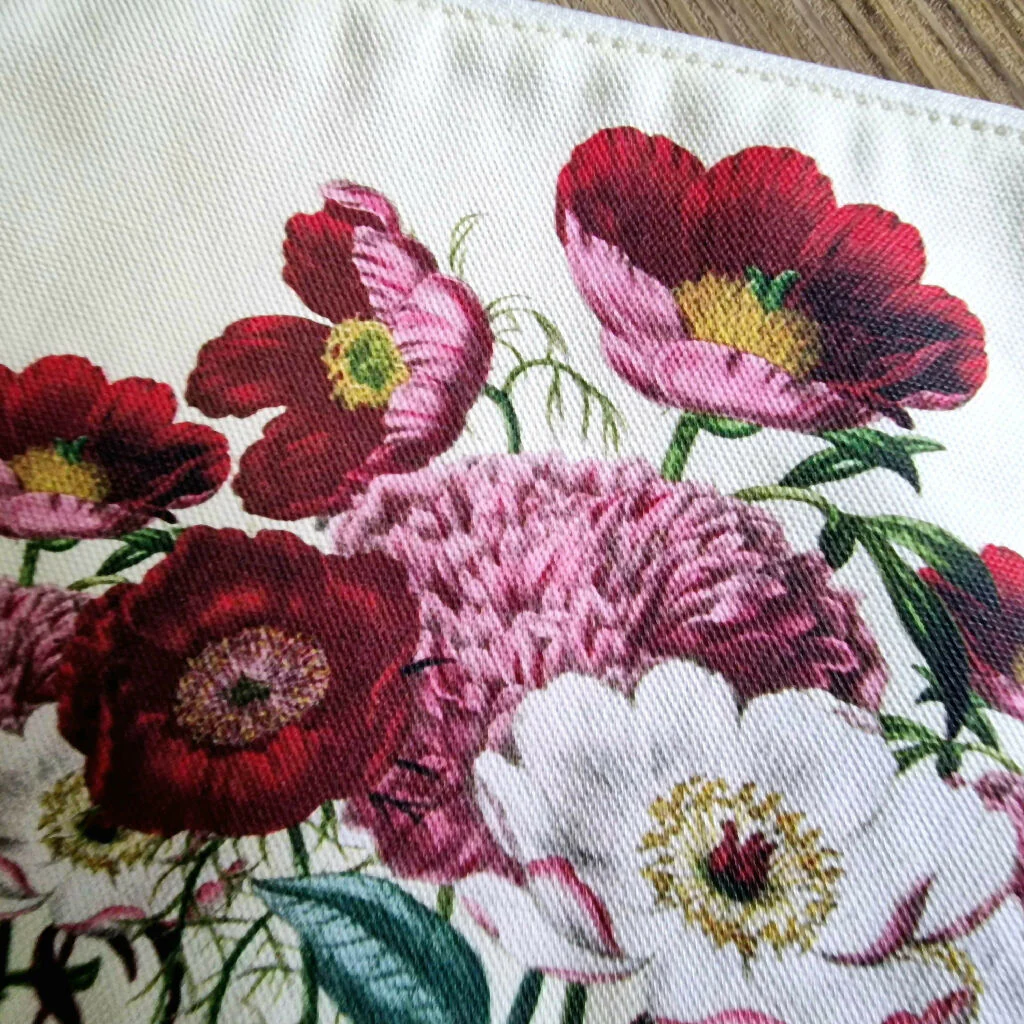 Peony Print Organic Cotton Make Up Zip Bag in Pink and Vanilla - Image 4