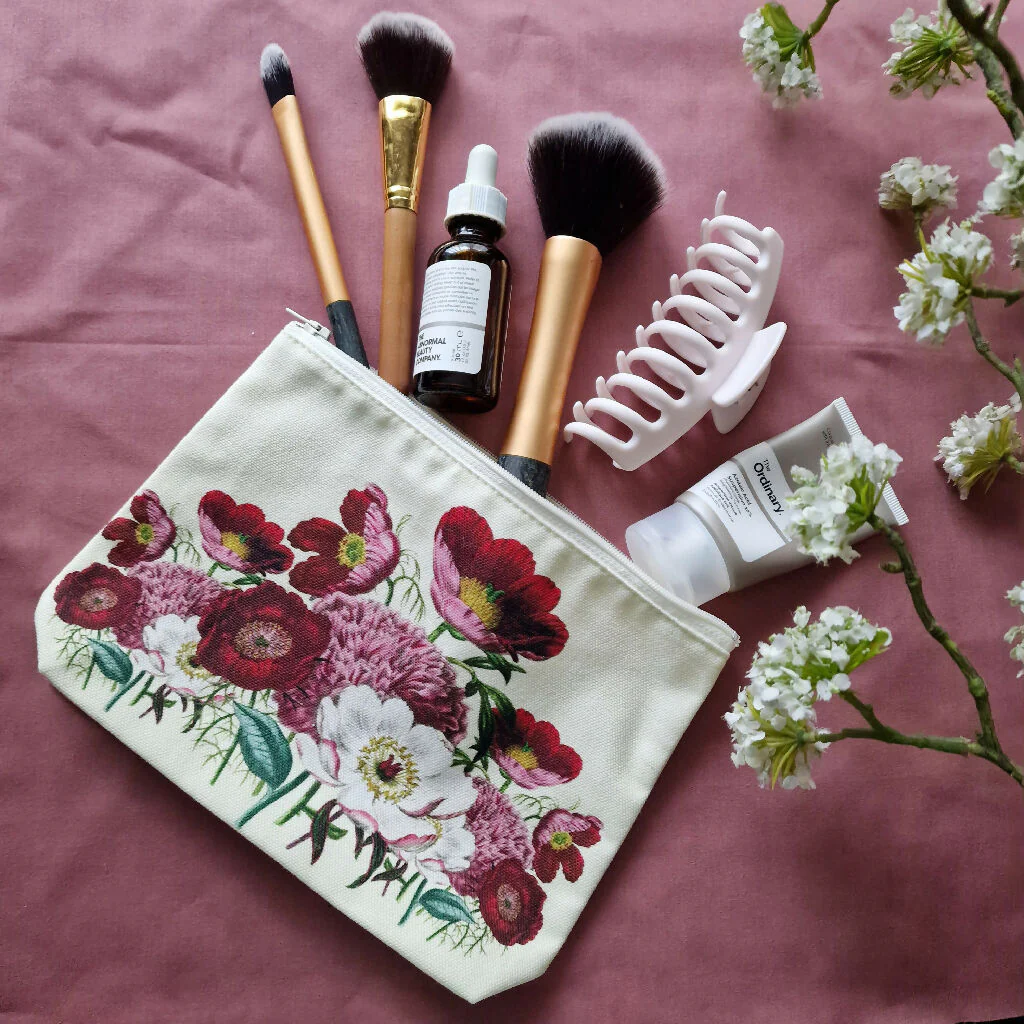 Peony Print Organic Cotton Make Up Zip Bag in Pink and Vanilla - Image 6