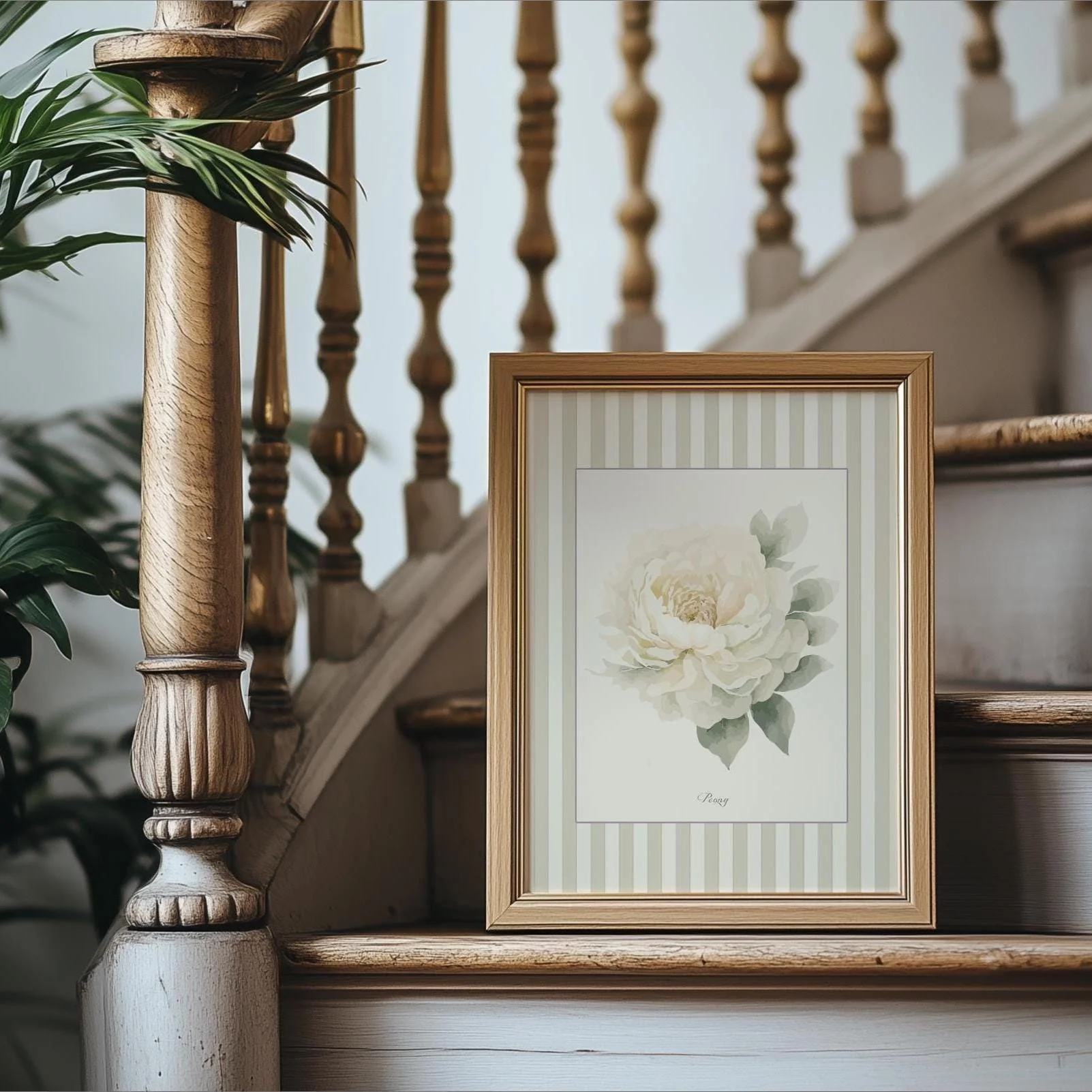 Peony Watercolor Illustration framed by a Sage Green Striped Border - Image 2