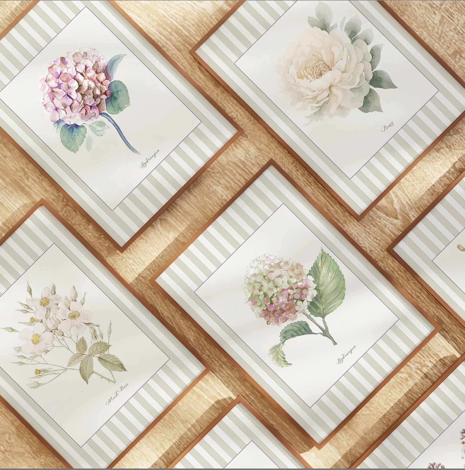 Peony Watercolor Illustration framed by a Sage Green Striped Border - Image 9