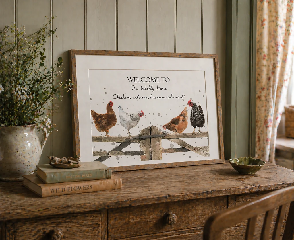 Personalised Chickens On Rural Gate Print