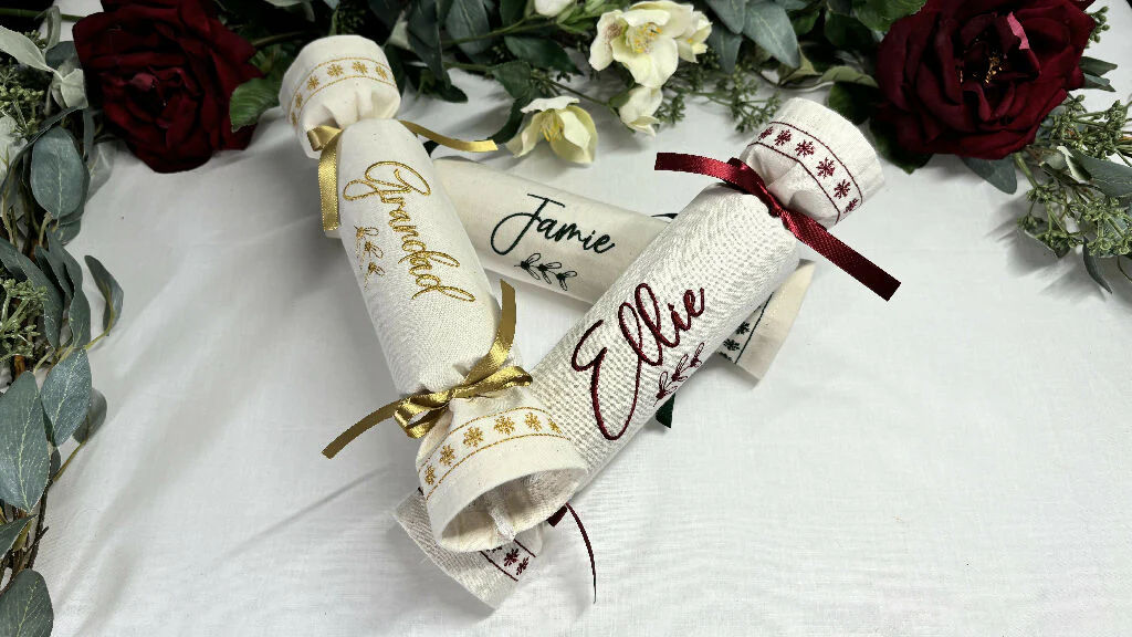 Personalised Fabric Reusable Eco Christmas Crackers - Calico 12 font colour choices - Image 5