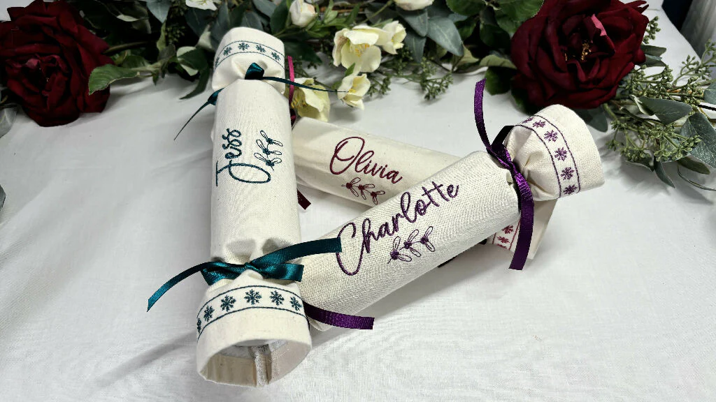 Personalised Fabric Reusable Eco Christmas Crackers - Calico 12 font colour choices - Image 6