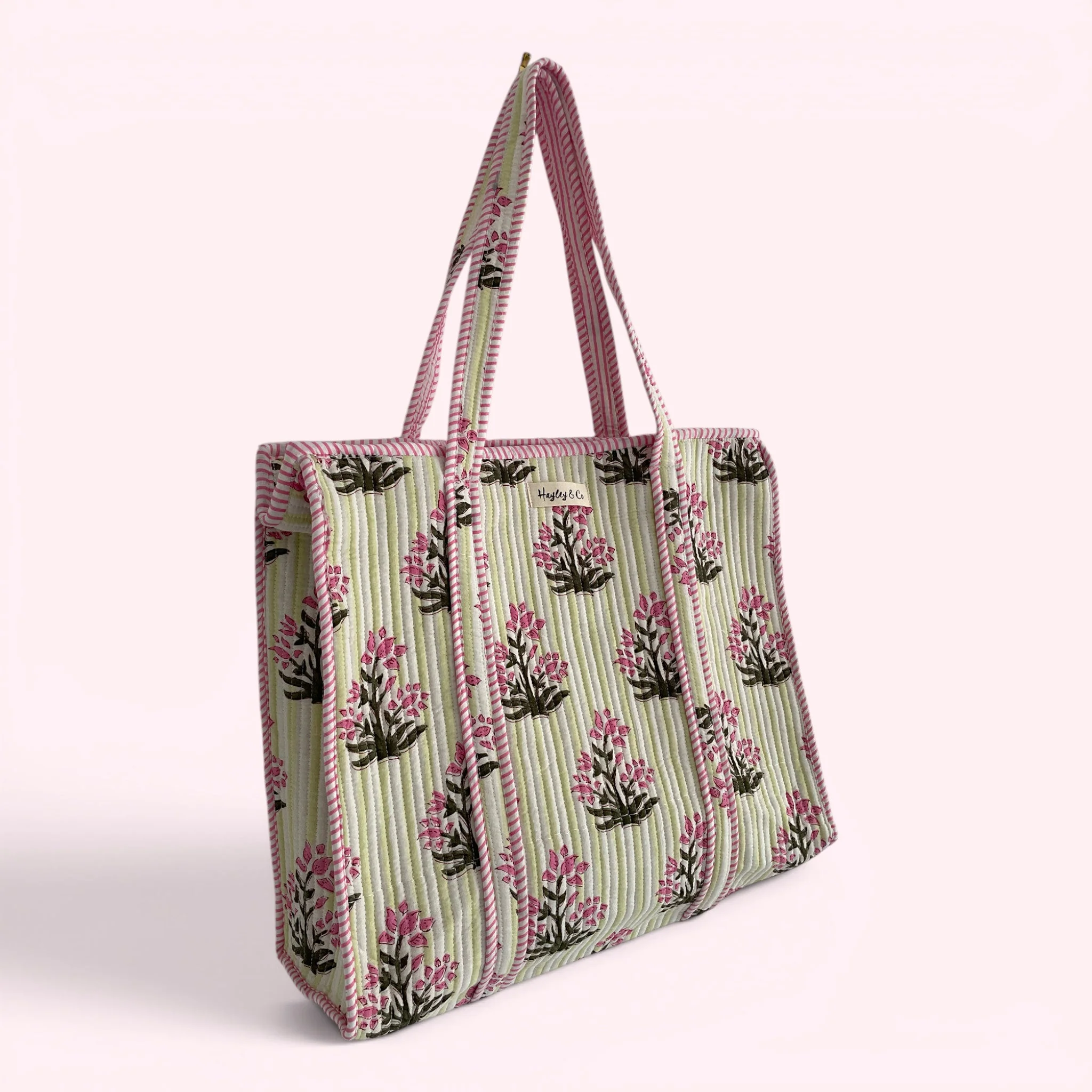 Pink and Green Floral and Stripe Quilted Cotton Tote Bag - Image 2