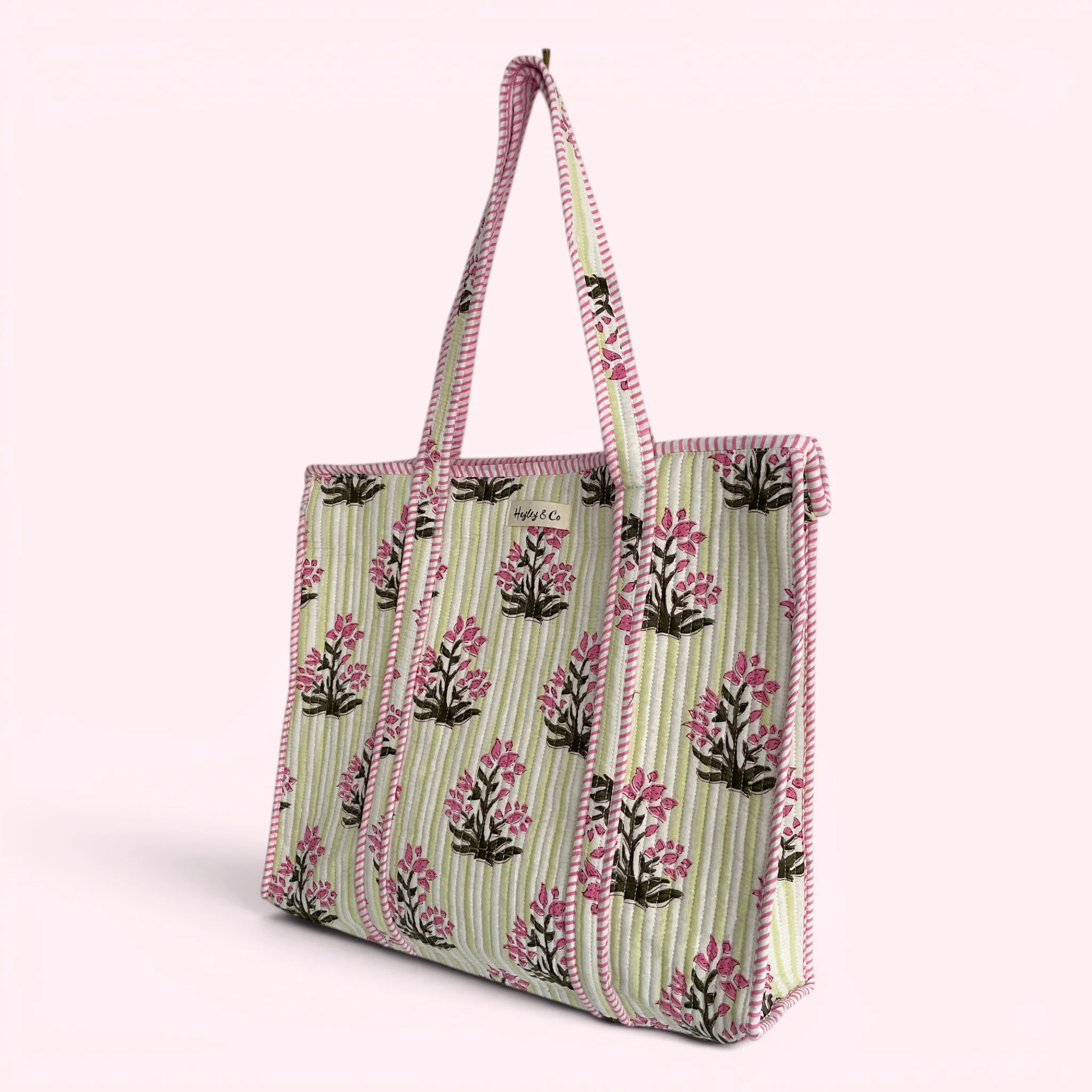 Pink and Green Floral and Stripe Quilted Cotton Tote Bag - Image 3