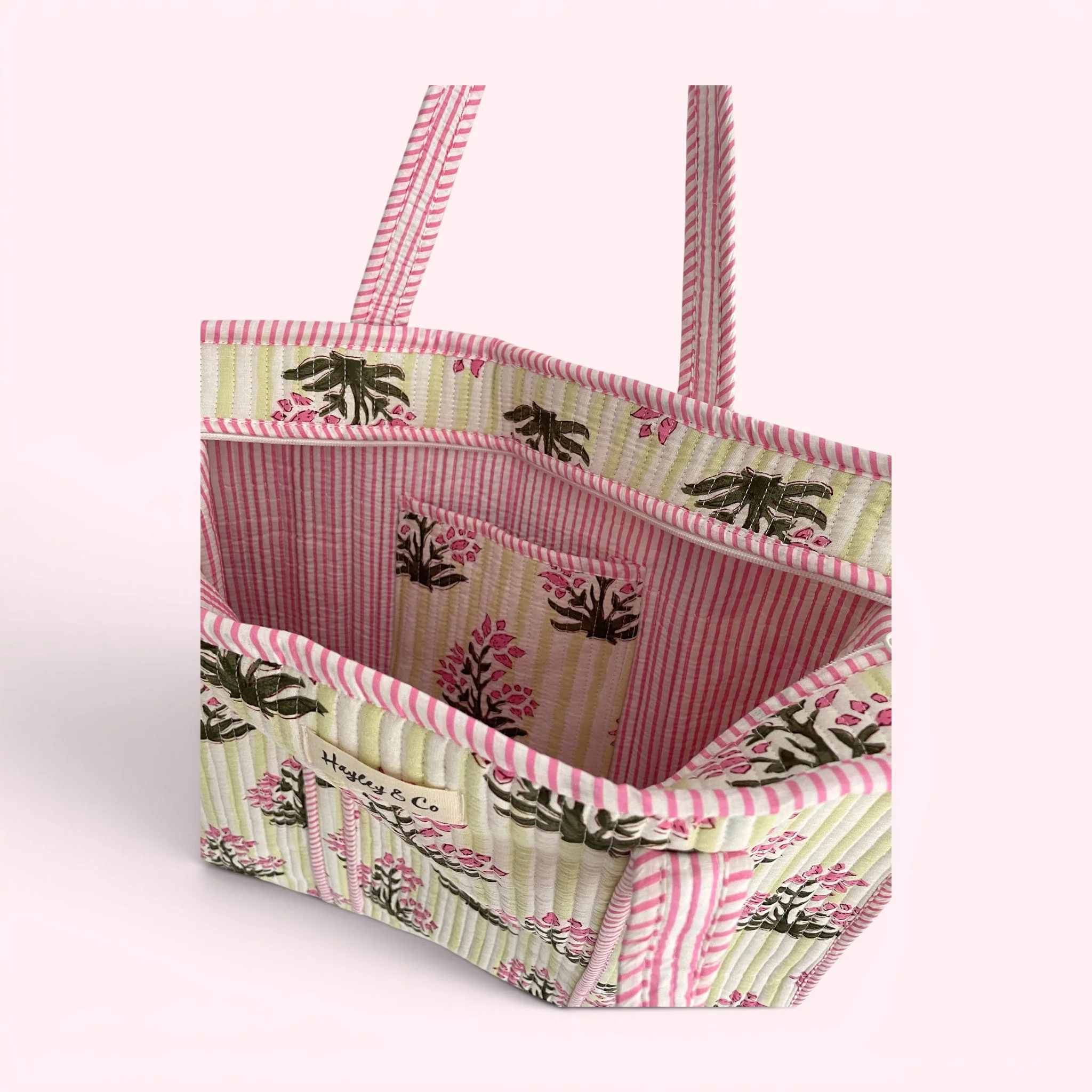 Pink and Green Floral and Stripe Quilted Cotton Tote Bag - Image 4