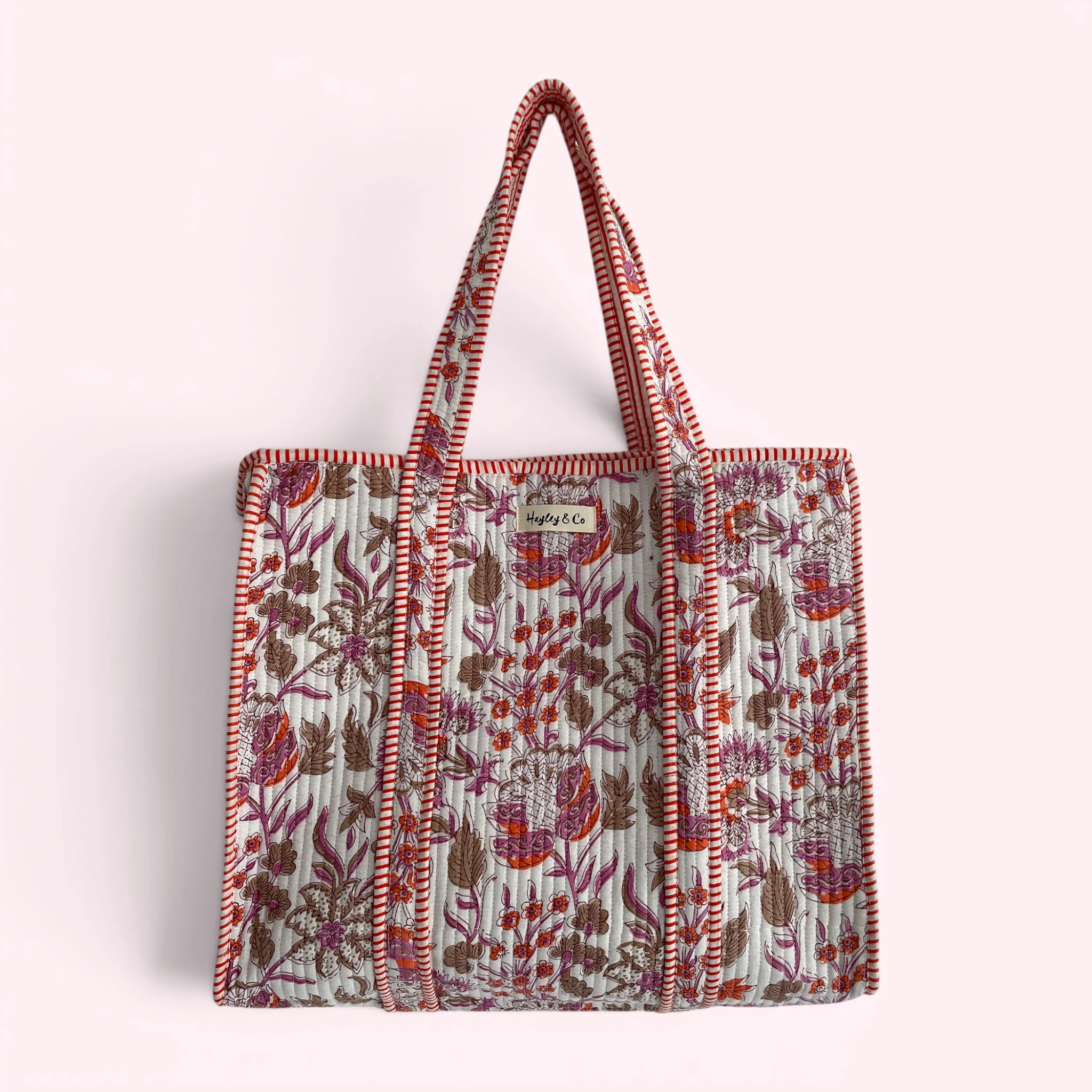 Pink and Orange Floral Quilted Cotton Tote Bag