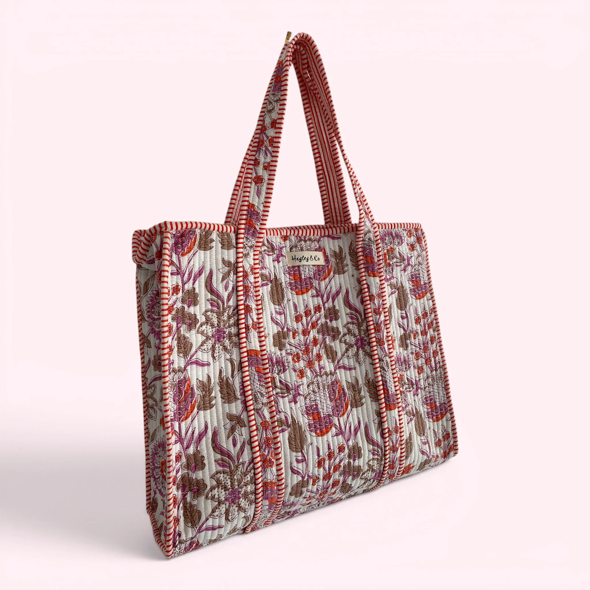 Pink and Orange Floral Quilted Cotton Tote Bag - Image 2
