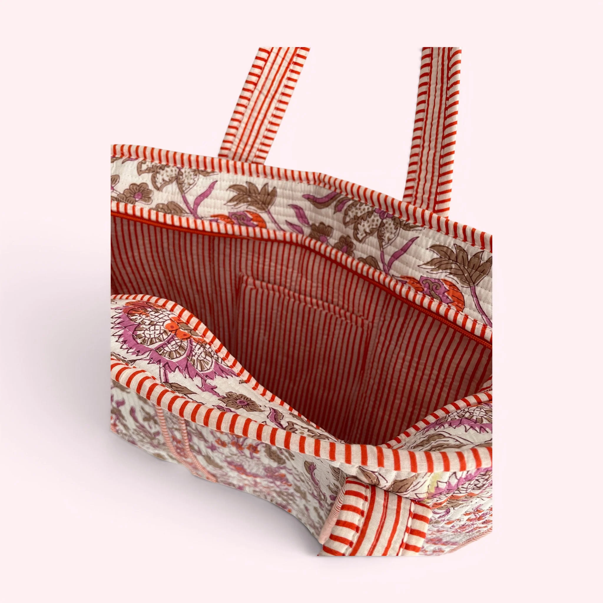 Pink and Orange Floral Quilted Cotton Tote Bag - Image 4