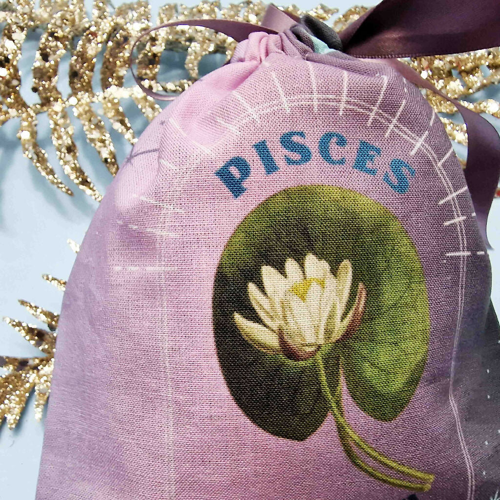 Pisces Water Lily Birth Flower Gift Pouch in Blue and Purple - Image 6