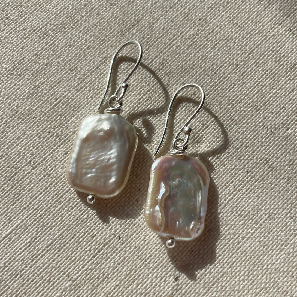 Rectangle Coin Freshwater Pearls Sterling Silver Earrings - Image 2