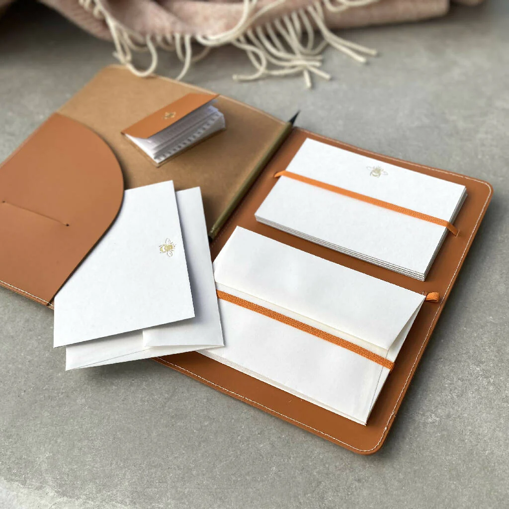 Recycled Leather Writing Set with Bee Motif - Image 4