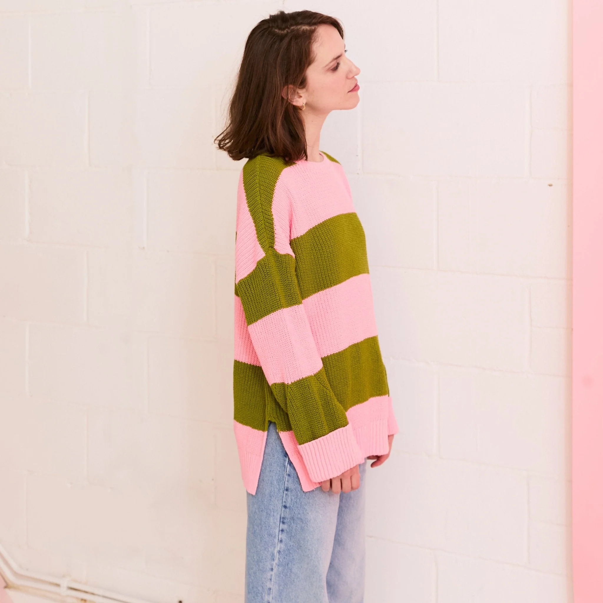 Rhiannon Recycled Cotton Blend Stripe Jumper - Pink and Green - Image 8
