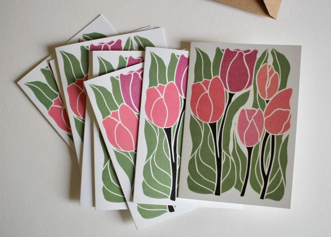 Romantic Linocut Tulip Flower Cards | Set of 8 Notecards & Envelopes