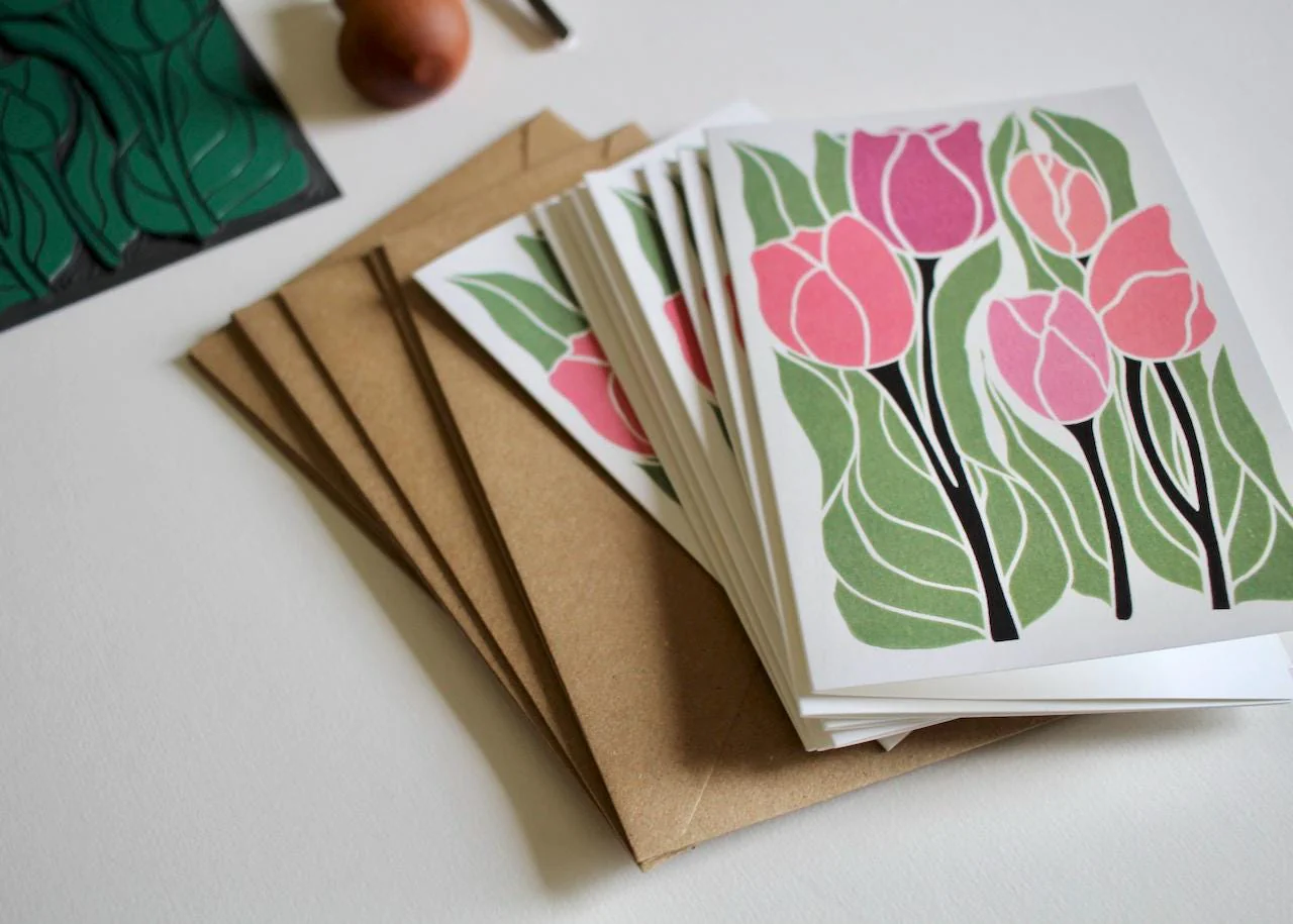 Romantic Linocut Tulip Flower Cards | Set of 8 Notecards & Envelopes - Image 2