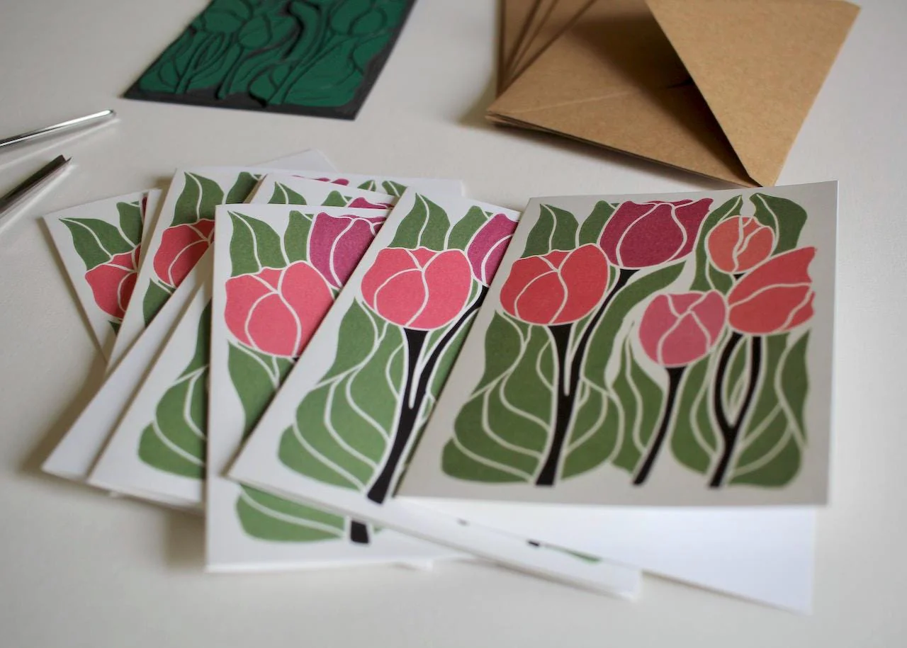 Romantic Linocut Tulip Flower Cards | Set of 8 Notecards & Envelopes - Image 5
