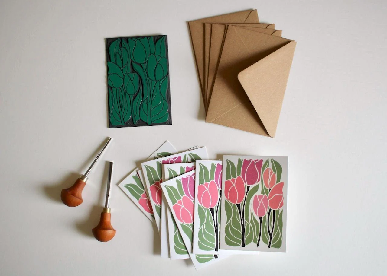 Romantic Linocut Tulip Flower Cards | Set of 8 Notecards & Envelopes - Image 8