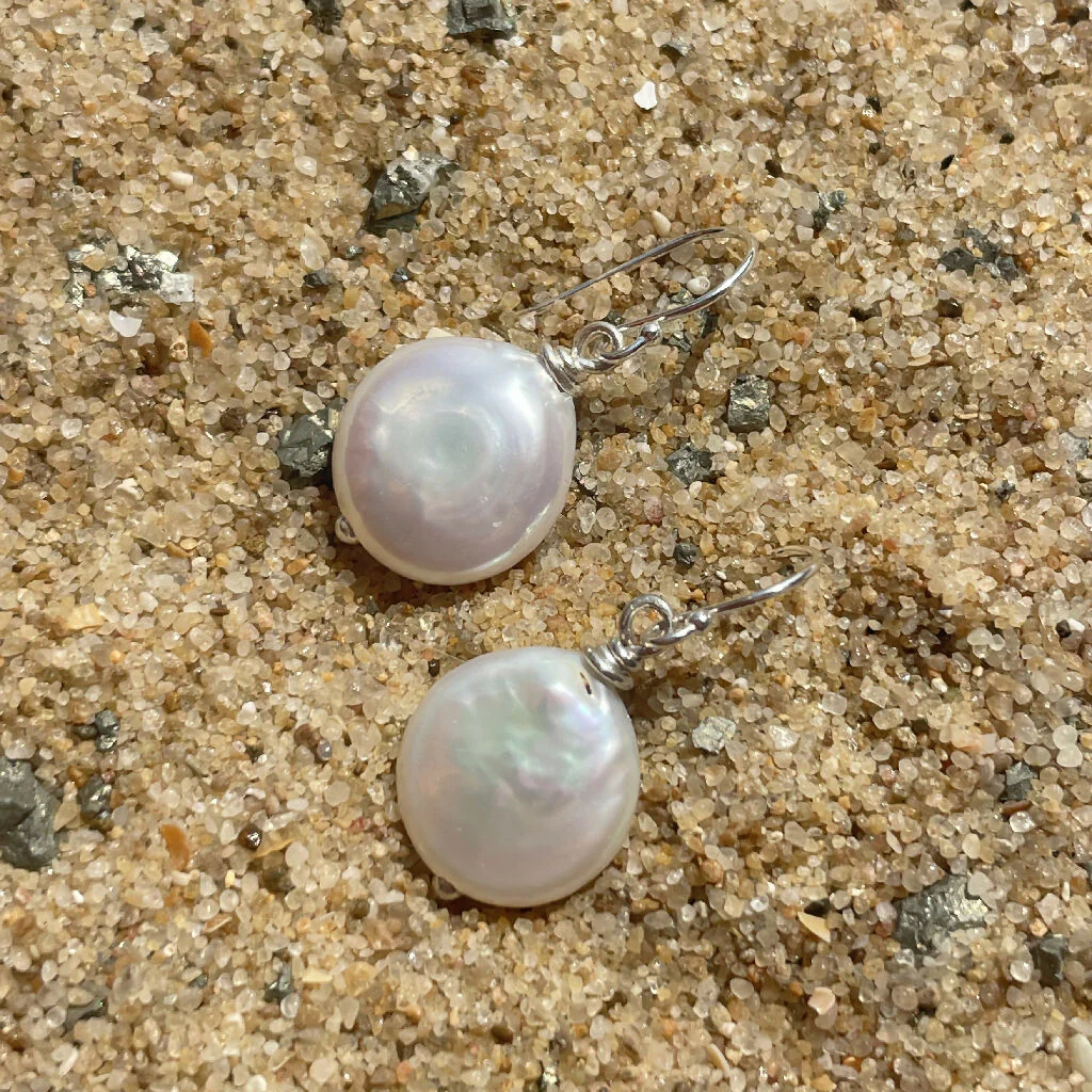 Round Coin Freshwater Pearls Sterling Silver Earrings - Image 2