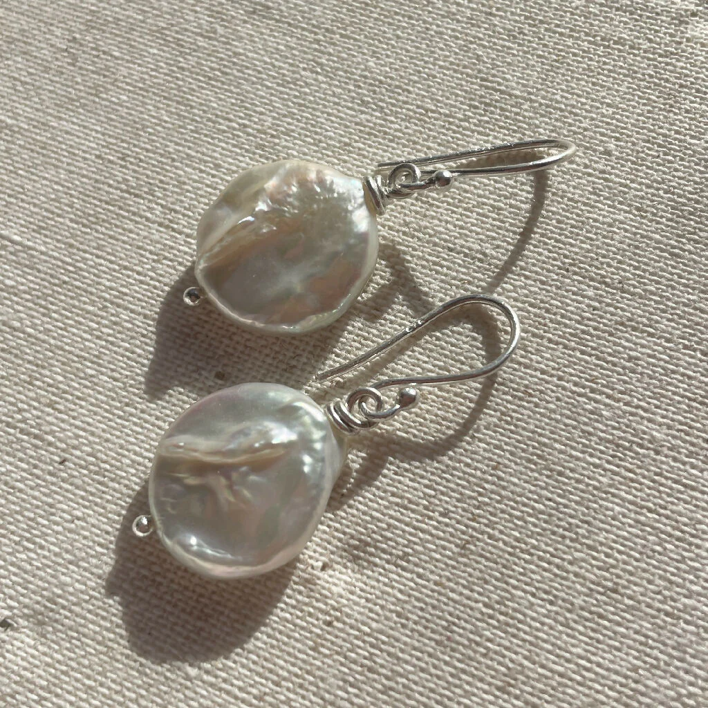 Round Coin Freshwater Pearls Sterling Silver Earrings - Image 3