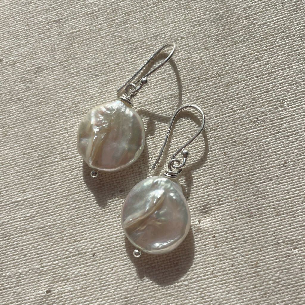 Round Coin Freshwater Pearls Sterling Silver Earrings - Image 4