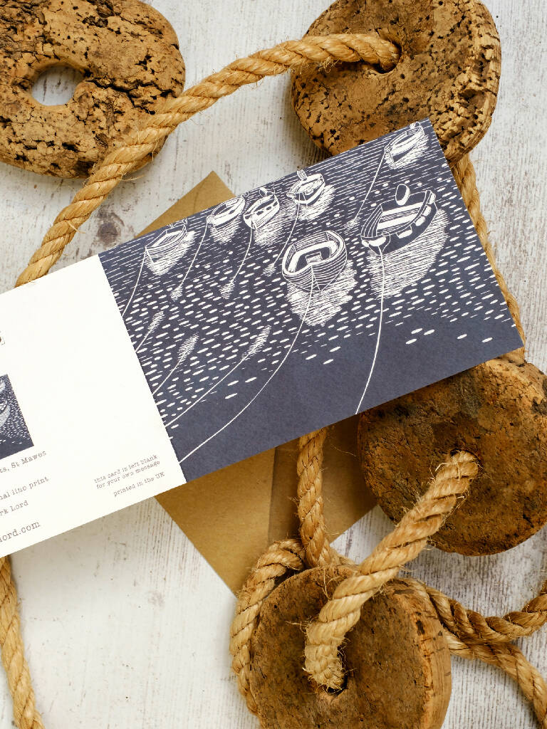 Rowing Boats St Mawes A6 Lino Print Greeting Card - Image 3