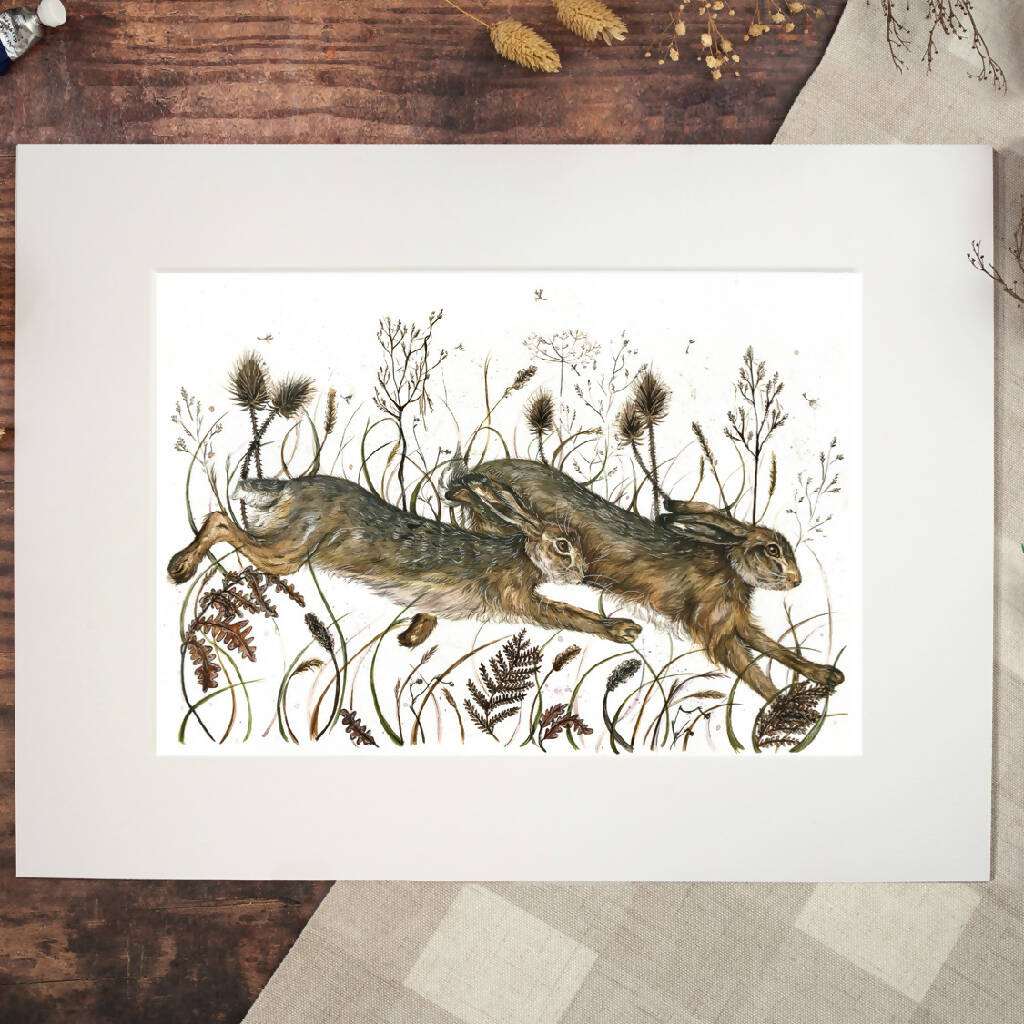 Running Hares with Teasels 'Marbury Mornings' Limited Edition Print