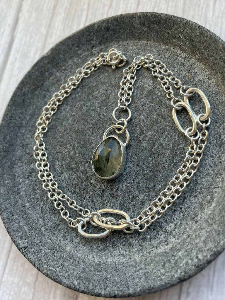 Rutilated Green Quartz necklace with paperclip chain detail