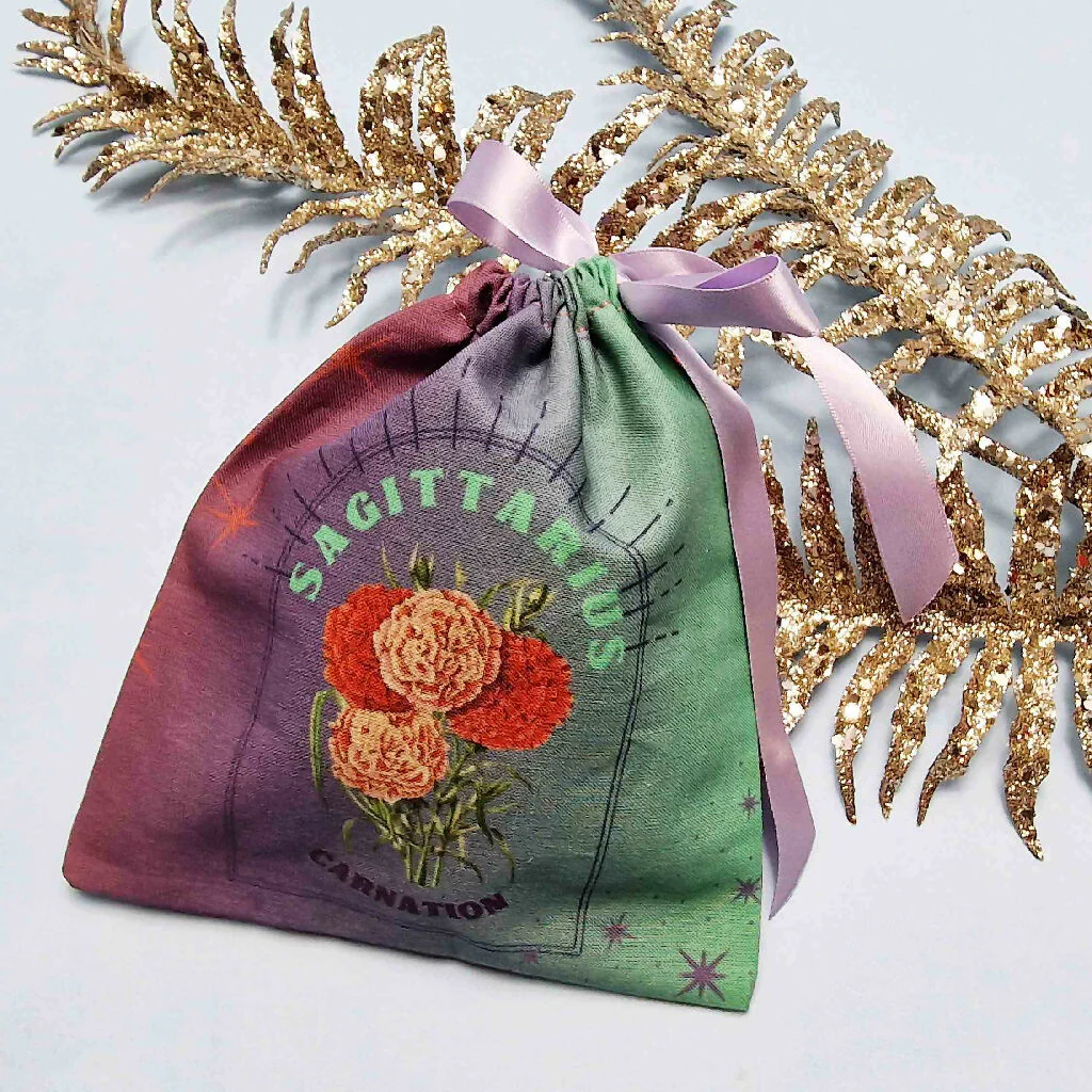 Sagittarius Carnation Birth Flower Gift Pouch in Purple and Green