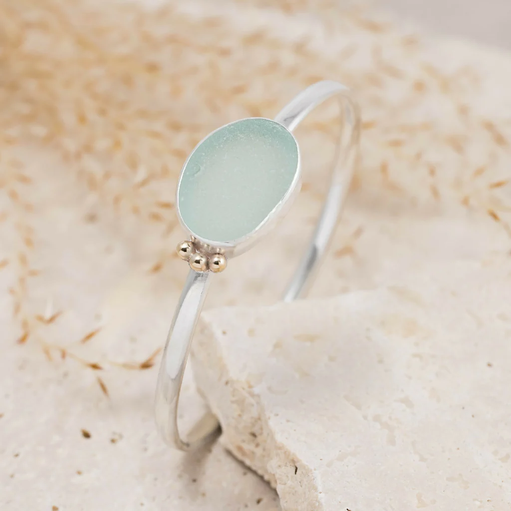 Sea Glass & Silver Oval Bangle - Image 3