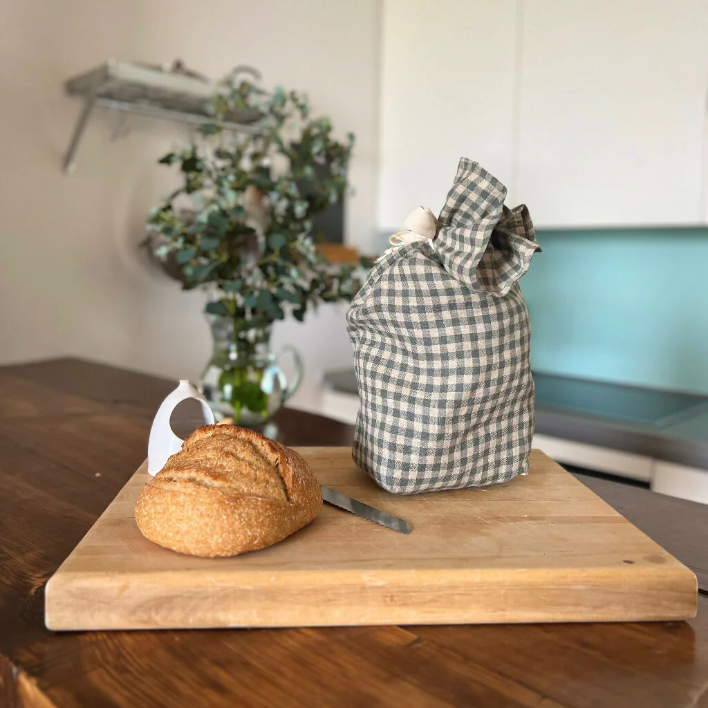 Sea Green Check Linen Bread Bag - Image 3