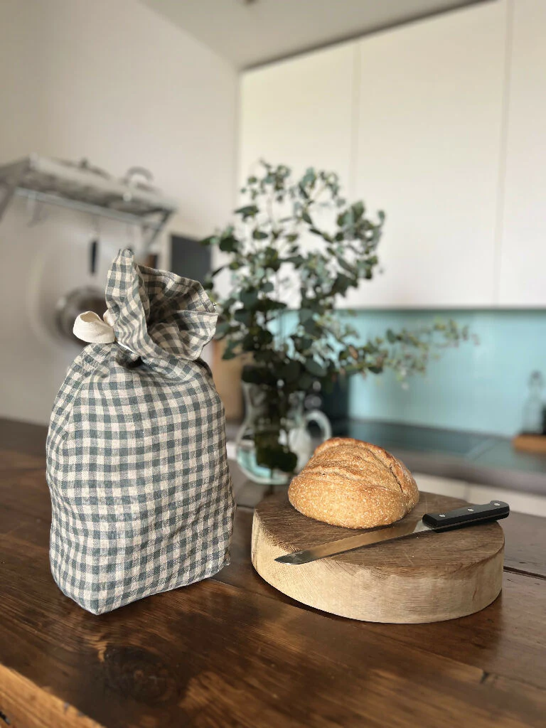 Sea Green Check Linen Bread Bag - Image 4