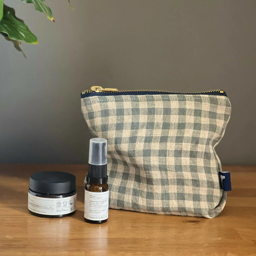 Sea Green Check Linen Makeup Bag - Image 3