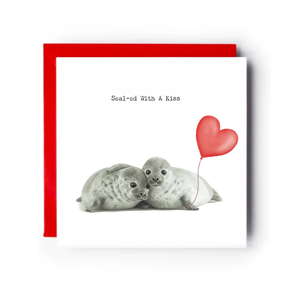 Sealed With a Kiss Card – Cute Seals Hugging with Heart Balloon Love Card for All Occasions - Image 2