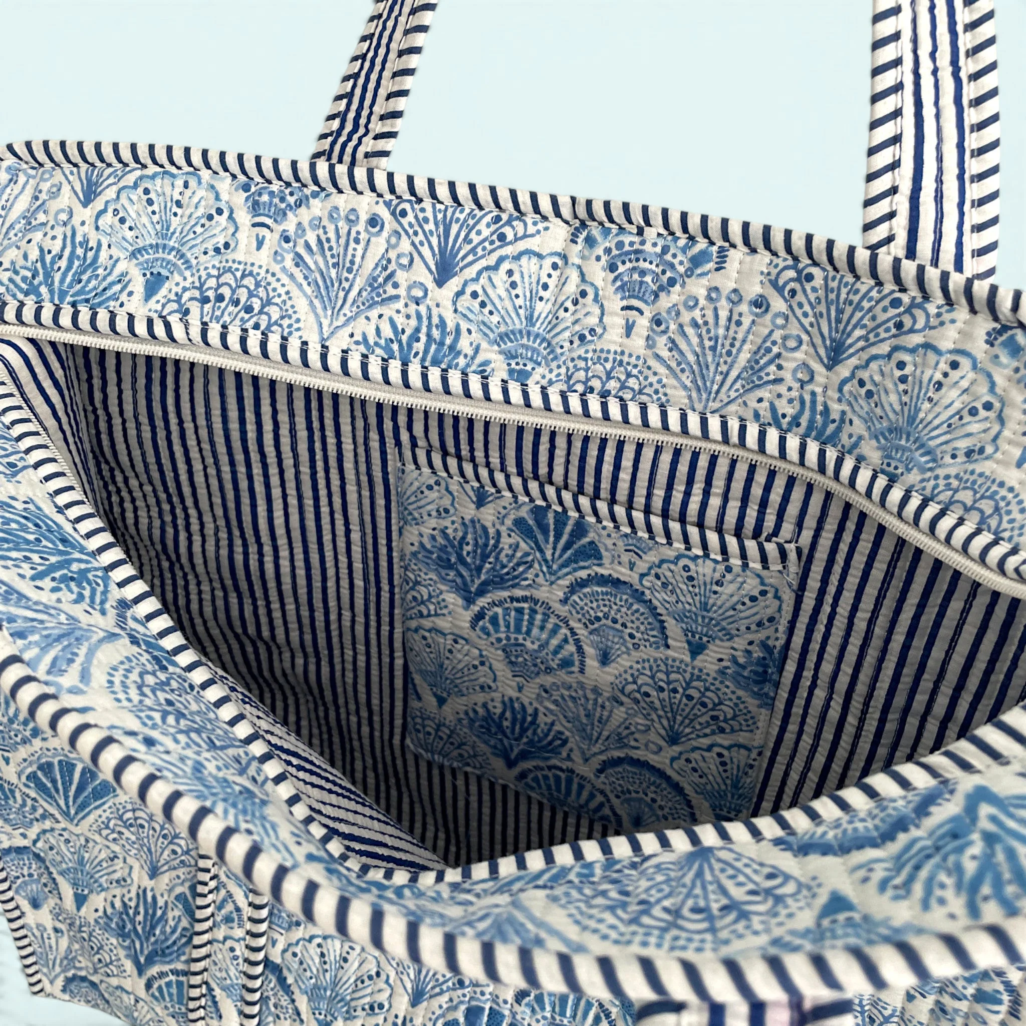 Seashell Blue and White Quilted Cotton Tote Bag - Image 4