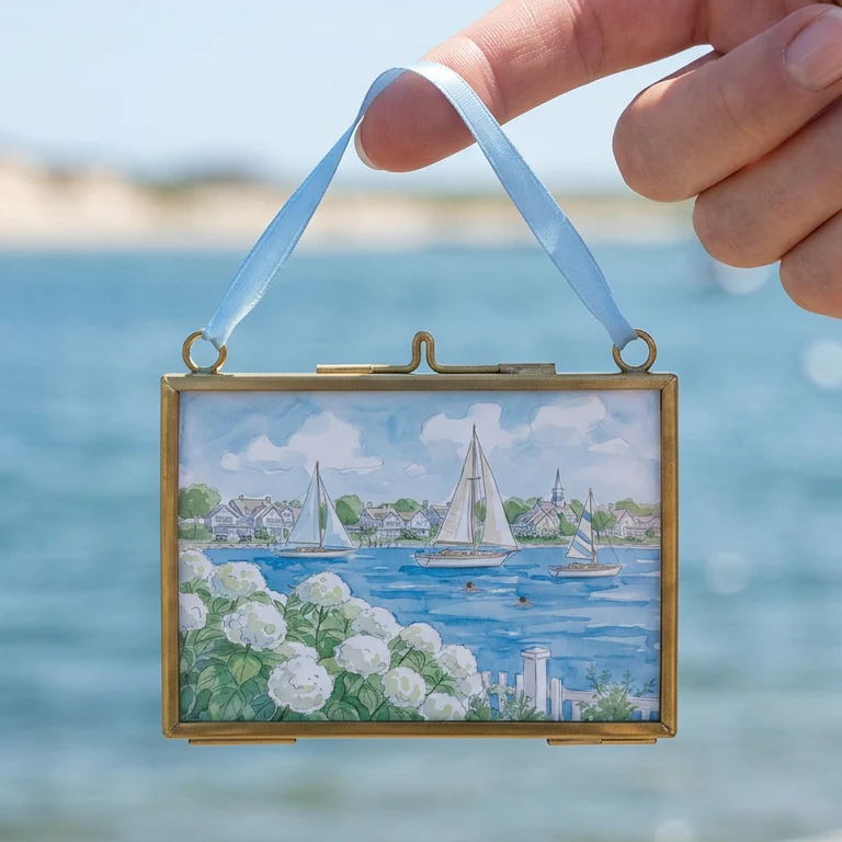 Seaside New England Watercolor Print Mini Brass Frame Coastal Wall Art - Image 2