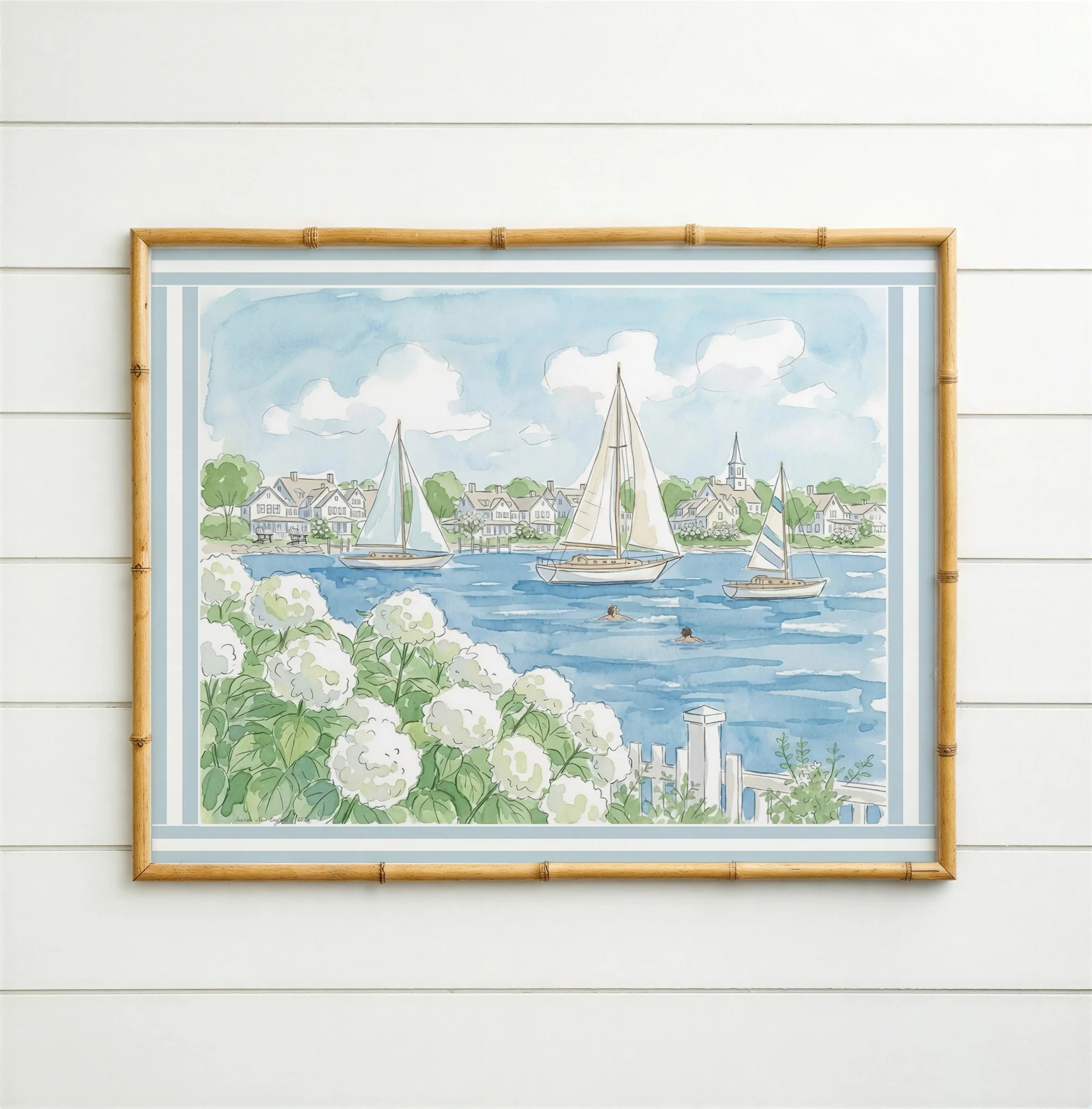 Seaside New England Watercolor Print Mini Brass Frame Coastal Wall Art - Image 3
